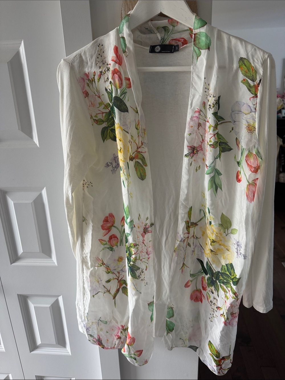 Lightweight Floral Open Cardigan - White with Multicolor Floral Print